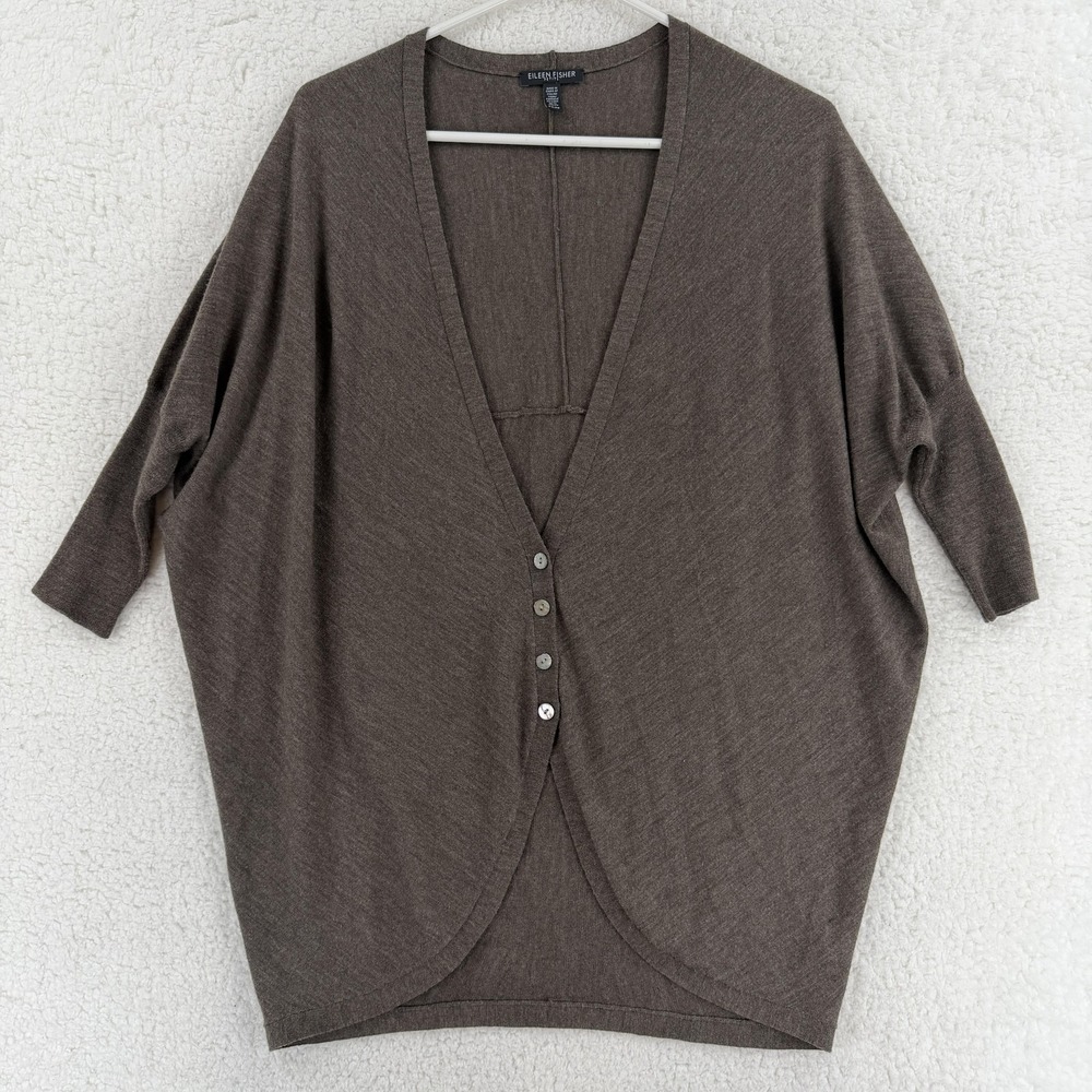 Eileen Fisher‎ Cardigan Sweater Womens Petite PS Brown Merino Wool Dolman V Neck
